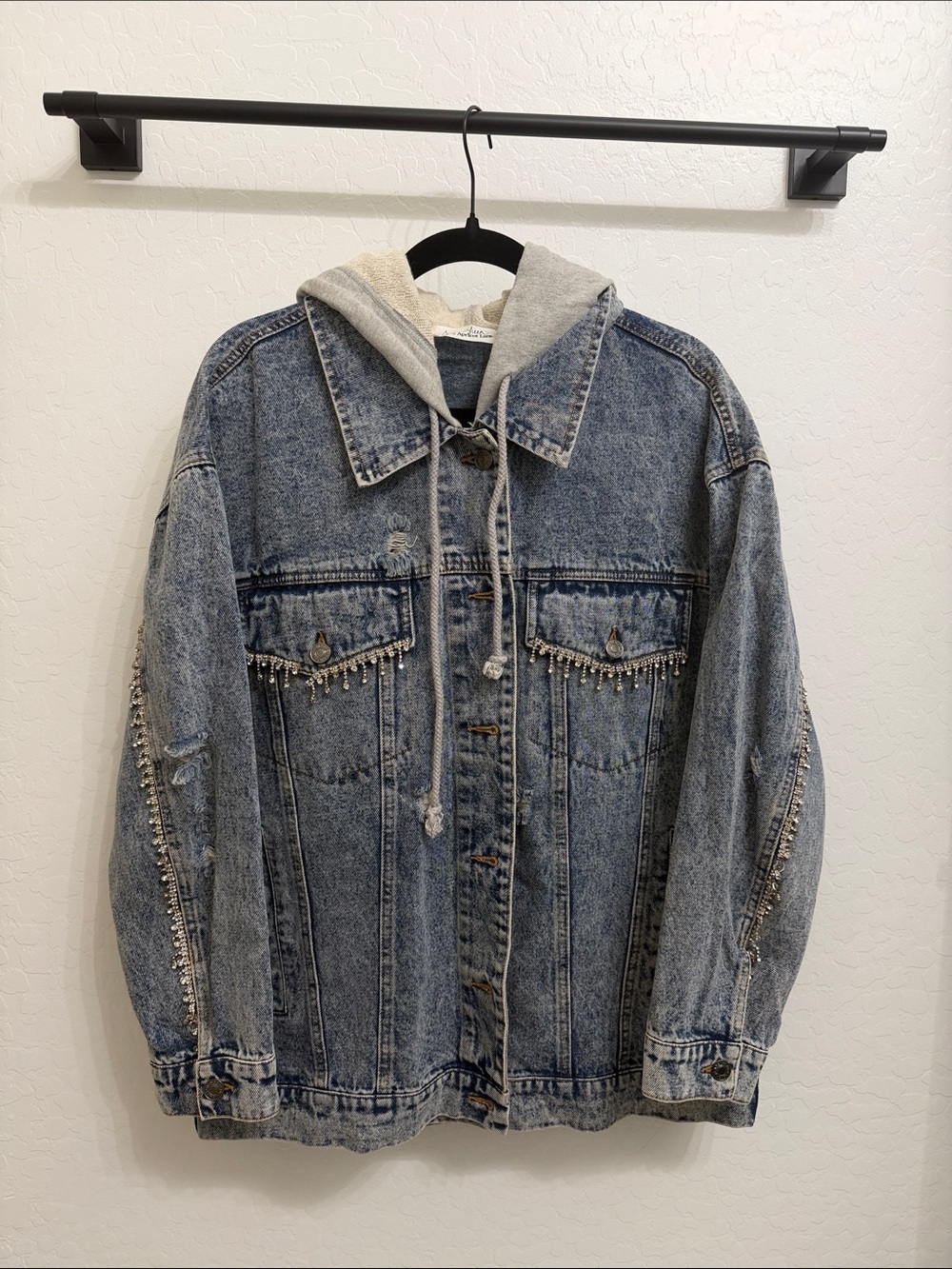 Apricot Lane Blue Denim Jacket with Gray Hood and Stud Trim